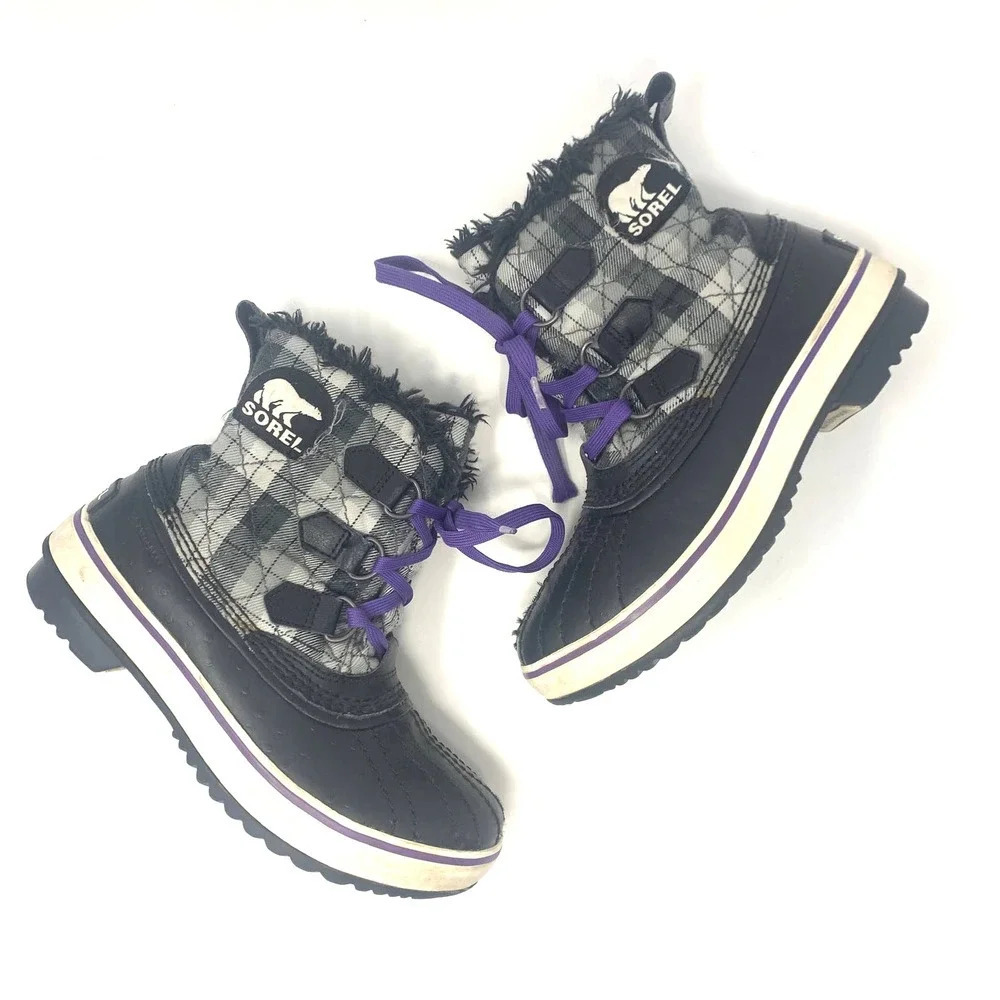 Sorel Tivoli II Leather Plaid Lace-Up Snow Boots Black Gray‎ Purple Size US 5